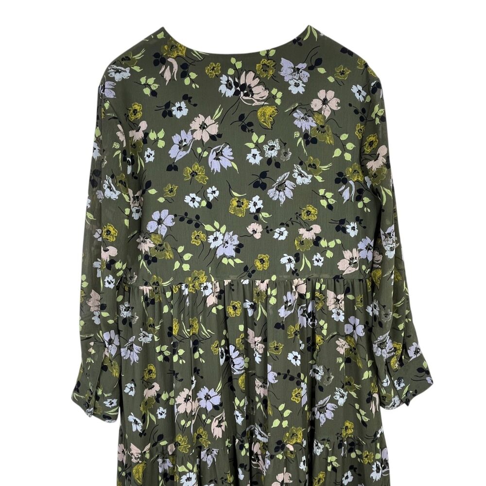 Madewell Floral Cinch-Waist Tiered Midi Dress Sz M Olive Green Wildblooms - Picture 6 of 12